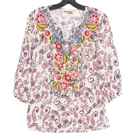 Savanna Jane Top Embroidered Boho Cottage Feminine Whimsy Girly Floral Small KJ - Picture 1 of 5